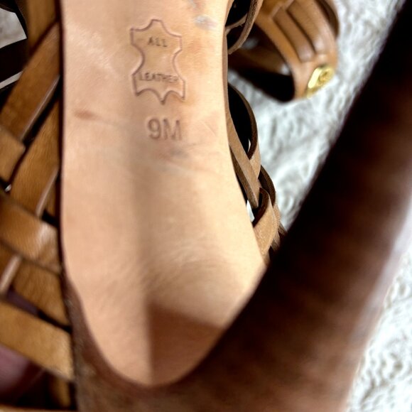 Tory Burch Nadia Huarache Sandals Women's 9 M Tan Leather Open Toe Heels‎ Logo - Picture 9 of 11
